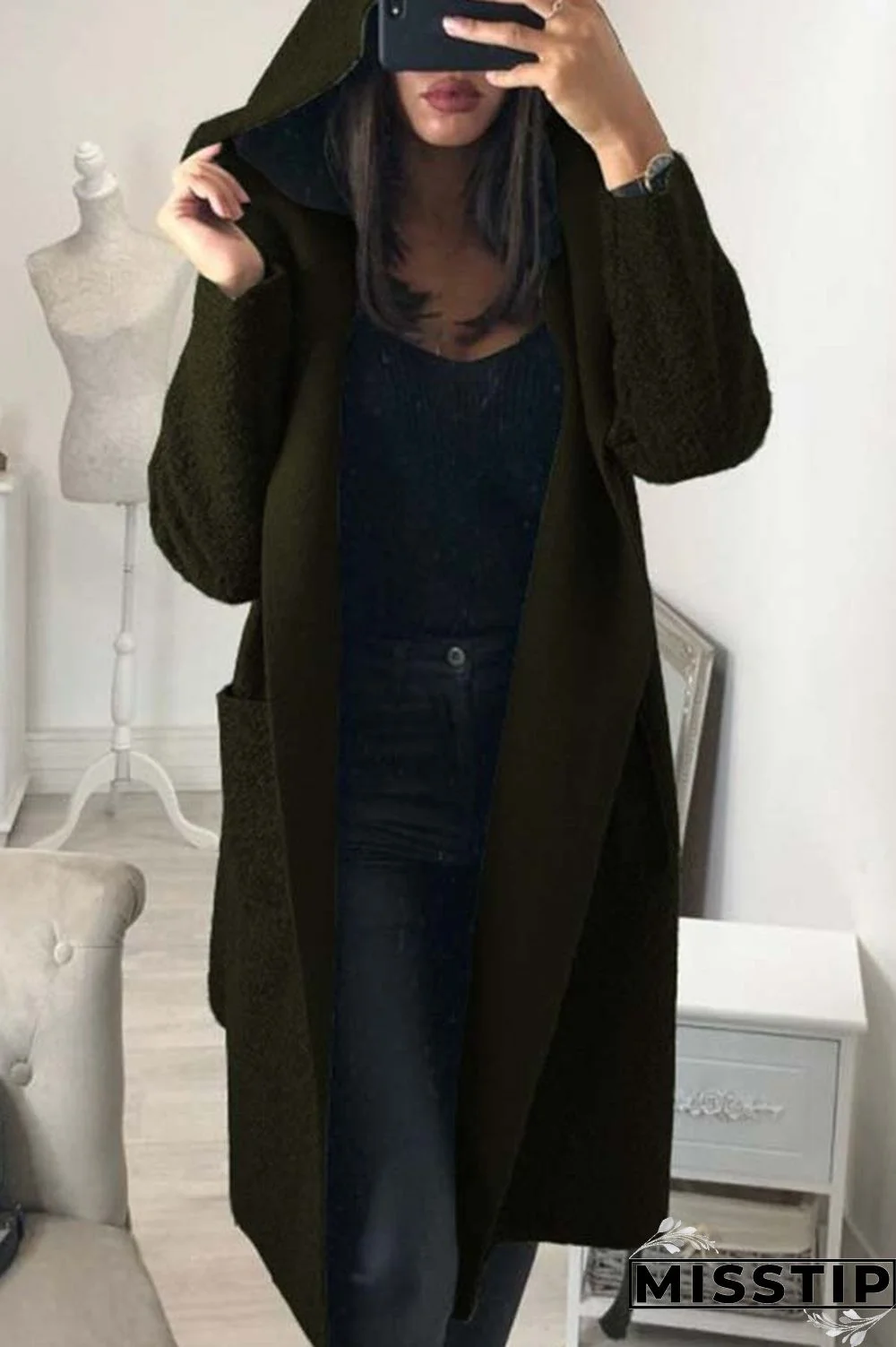 Army Green Trendy Long Sleeves Lace-up Trench Coats