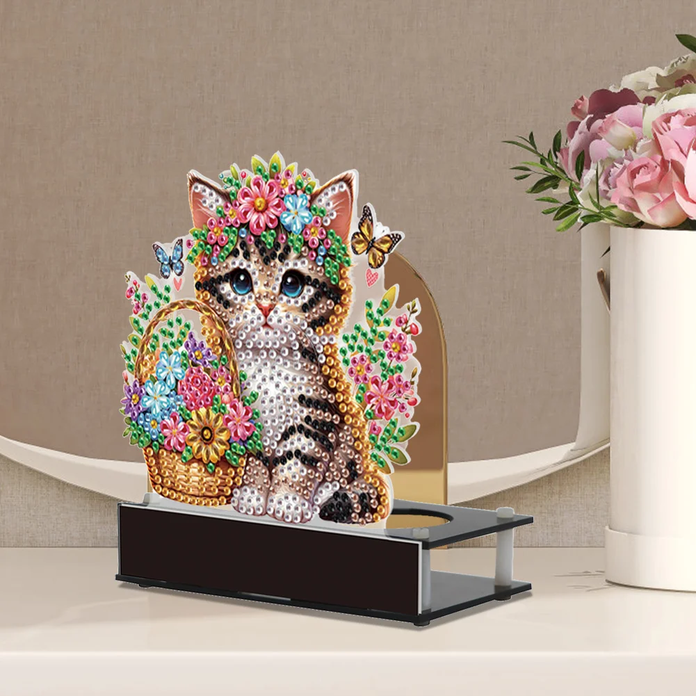5D DIY Flower Cat Diamond Art Mini Candle Holder for Aromatherapy Art Crafts