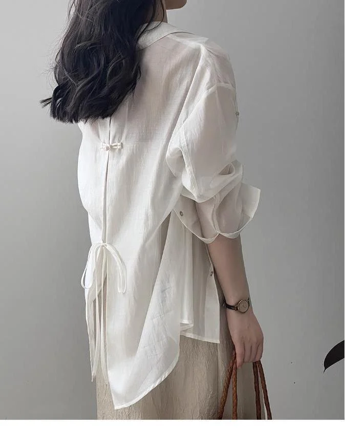 Athvotar Athvotar And Thin Tiansi Sunscreen Shirt Coat Women 2025 Summer New Back Fork Shirt National Wind Button Long-Sleeved Top