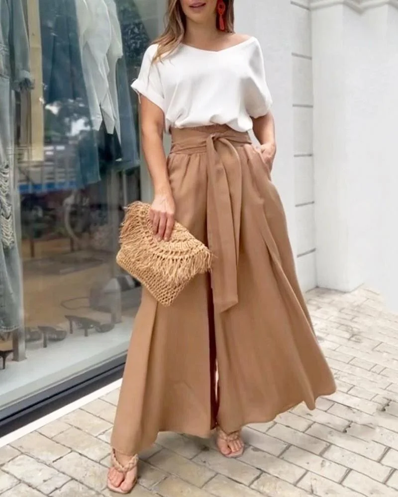 Two Piece Set of Short Sleeve Casual Top & Solid Color Pants