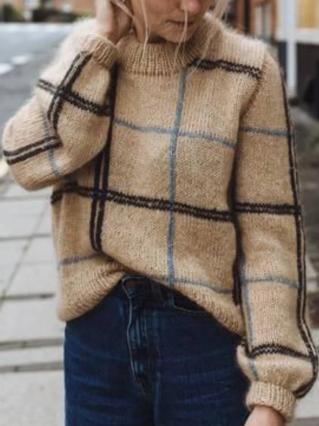 Khaki Wool Blend Checkered/Plaid Casual Turtleneck Sweater