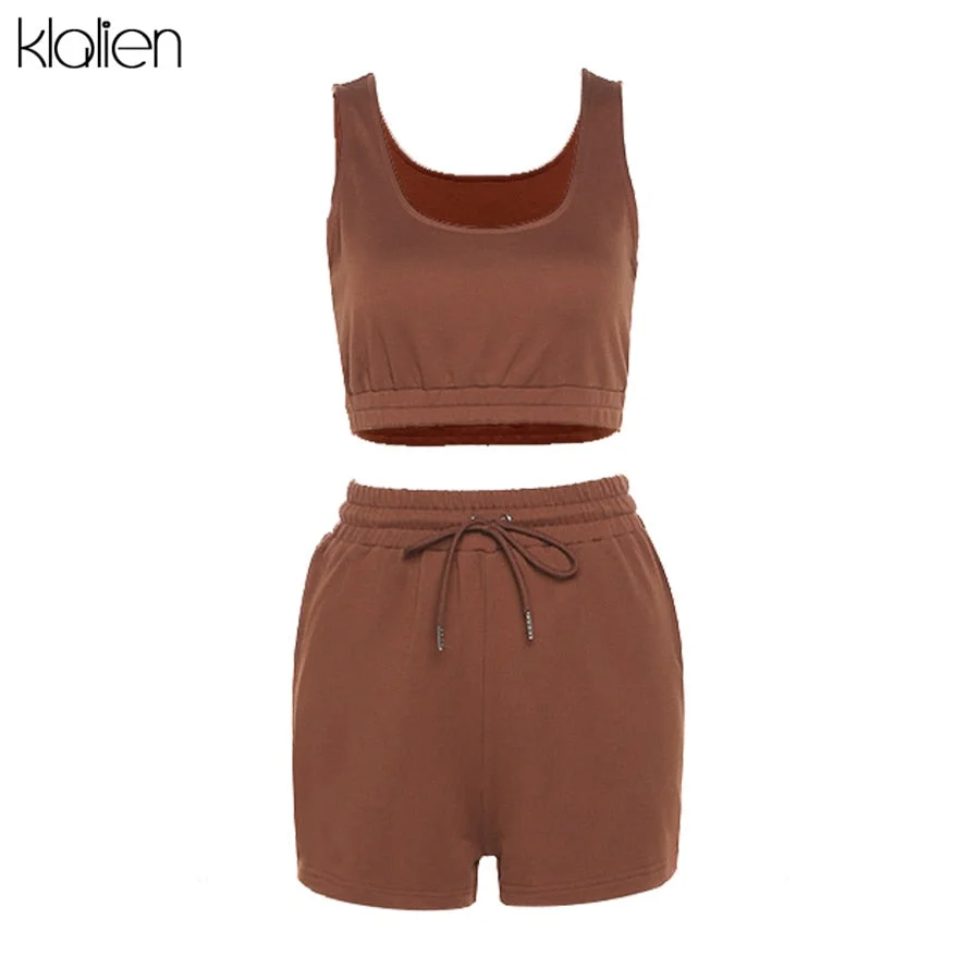 KLALIEN Fashion Casual Soft Cotton Stretch Slim Women Two Piece Set Summer Simple Solid Club Street Home Wear Top and Shorts Set