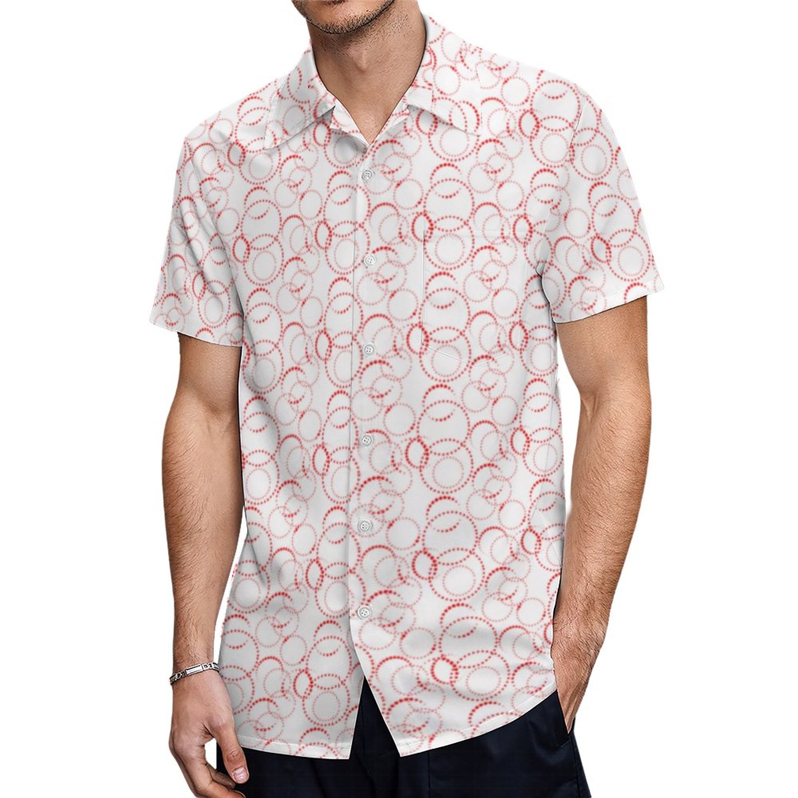 White With Neon Red Inner Locking Circles Pattern Hawaiian Shirt Mens Button Down Tropical Hawaii Beach Shirts