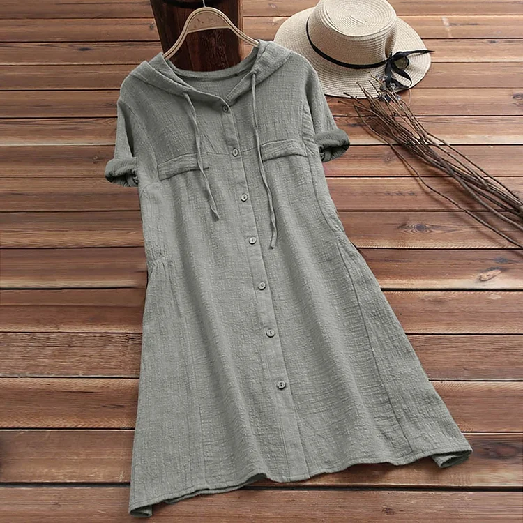 VChics Vintage Button Down Short Sleeve Linen Cotton Comfy Midi Dress