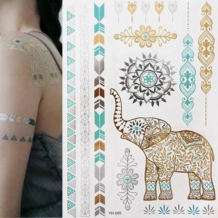 Women Body Art Gold Silver Metallic Tattoo Sticker Chain Bracelet Fake Jewelry Waterproof Temporary Tattoo Arm Sleeve Hand Wrist
