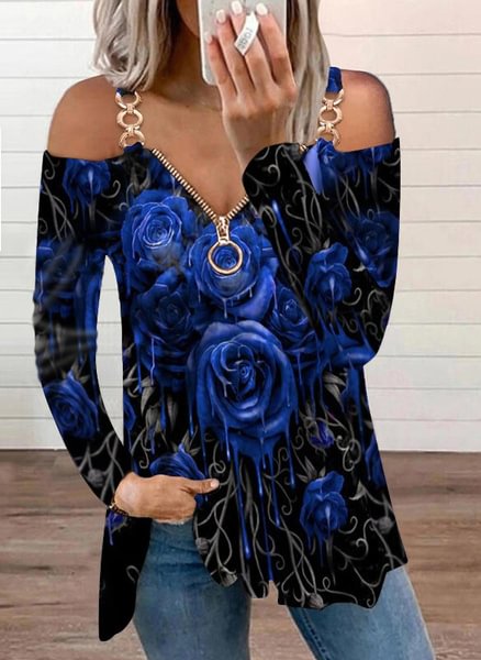 Women's Top Spring and Early Autumn New Fashion Women's Sexy Metal Strap Flower Printed Long Sleeve Strapless Zipper V-neck Casual Elegant Top Loose Plus Size Soft and Comfortable Thin Bottoming Shirt XS-5XL - Shop Trendy Women's Fashion | TeeYours
