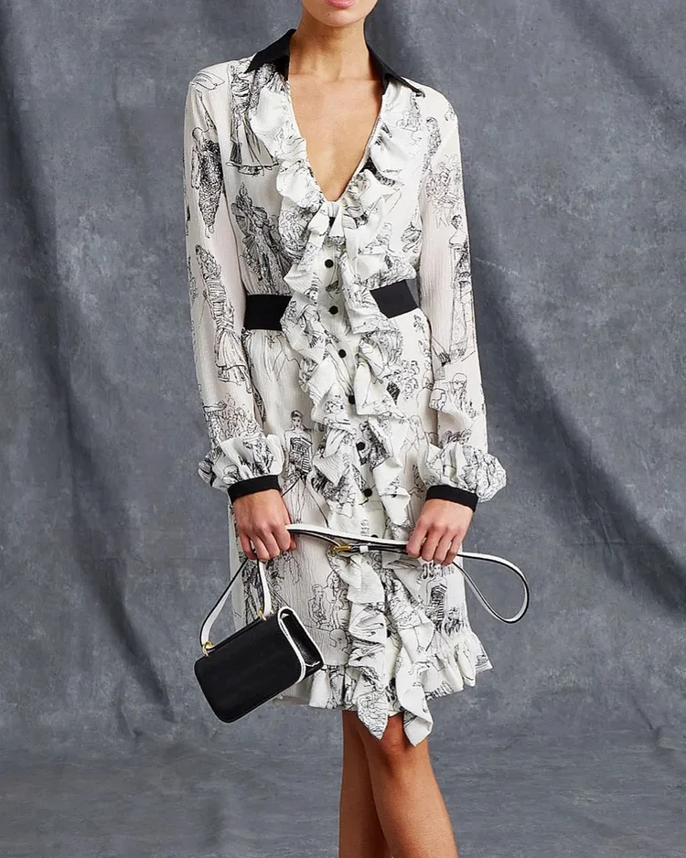 Elegant Print Ruffle Trim Dress