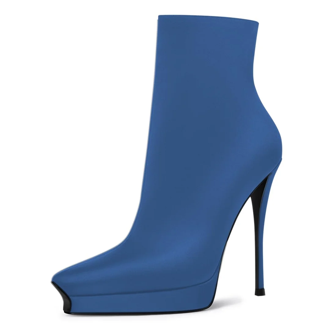 Blue Vegan Leather Side-Zip Platform Stiletto Heel Ankle Boots