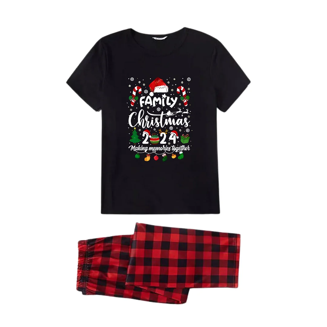 "FAMILY CHRISTMAS 2024 Making Memories Together" with Various Christmas Decorations - Black Short Sleeve with Red & Black Plaid Pant Family Matching Pajamas