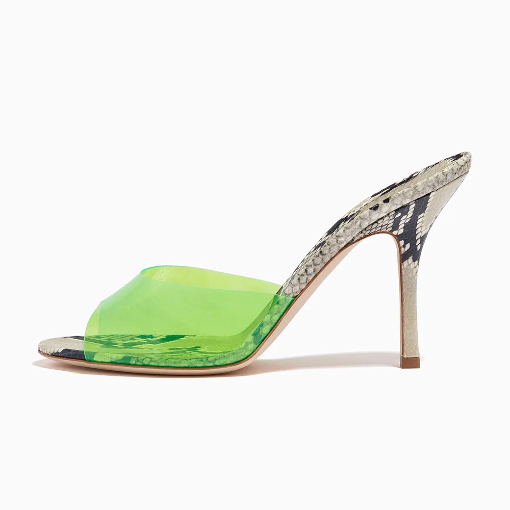 Neon Green PVC Peep Toe Stiletto High Heel Mules Shoes for Women