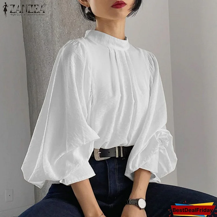 ZANZEA Fashion Cotton Solid Tops Women Long Sleeve O Neck Elastic Cuff Spring Blouse Office Shirts Oversized