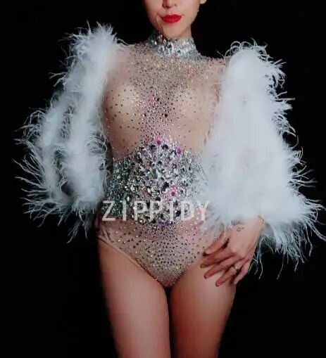 VCSHOES Bright Rhinestones Crystals Mesh Outfit Bodysuit Evening Birthday Party Transparent Leotard Nightclub Singer Dance Big Stones