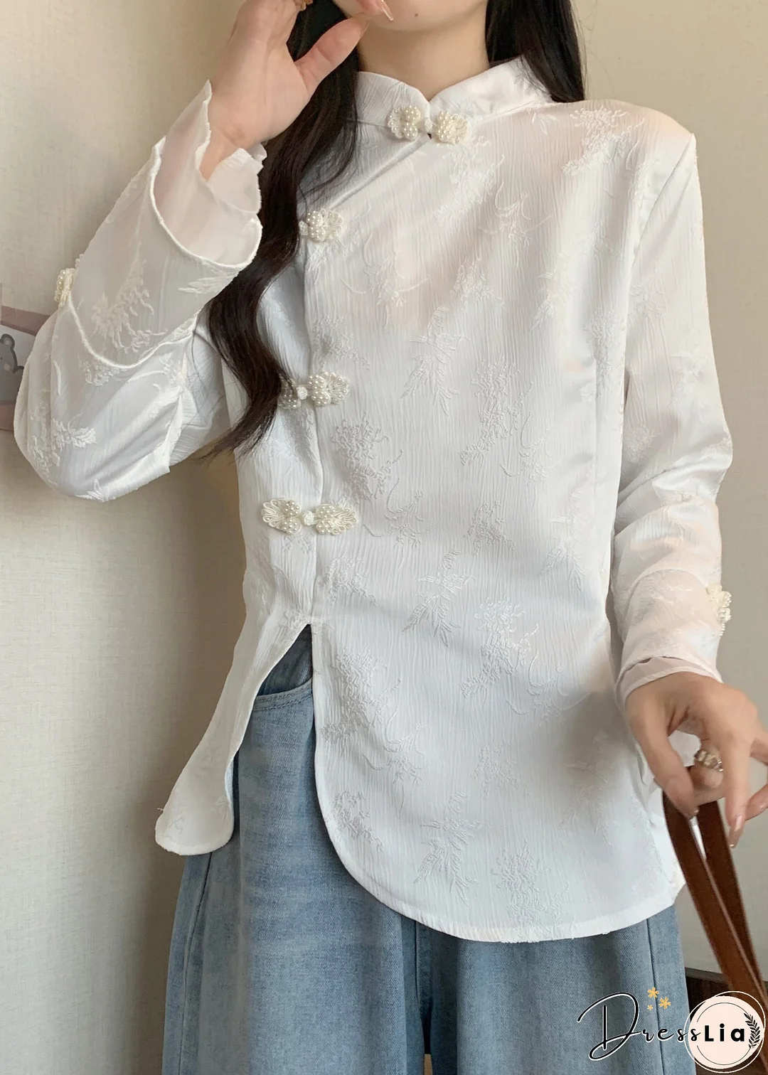 Vintage Apricot Stand Collar Jacquard Oriental Button Cotton Top Fall