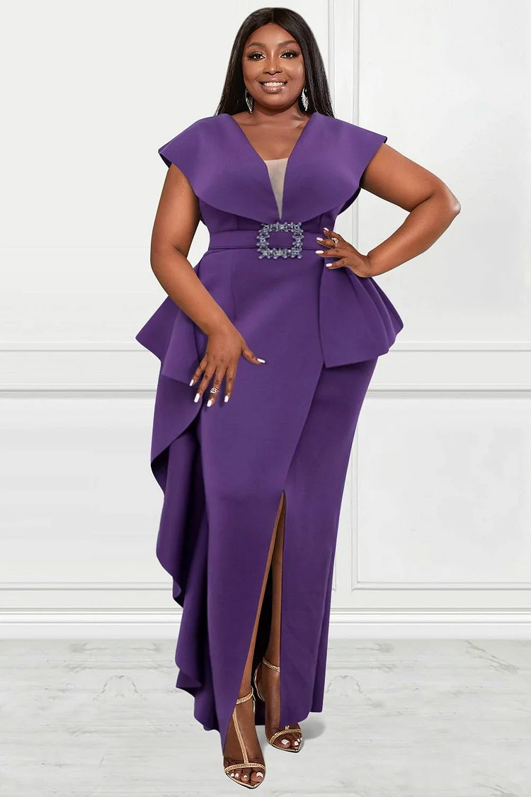 Xpluswear Design Plus Size Formal Dress Purple Slim Fit Irregular High Waist Split Maxi Dress With Belt