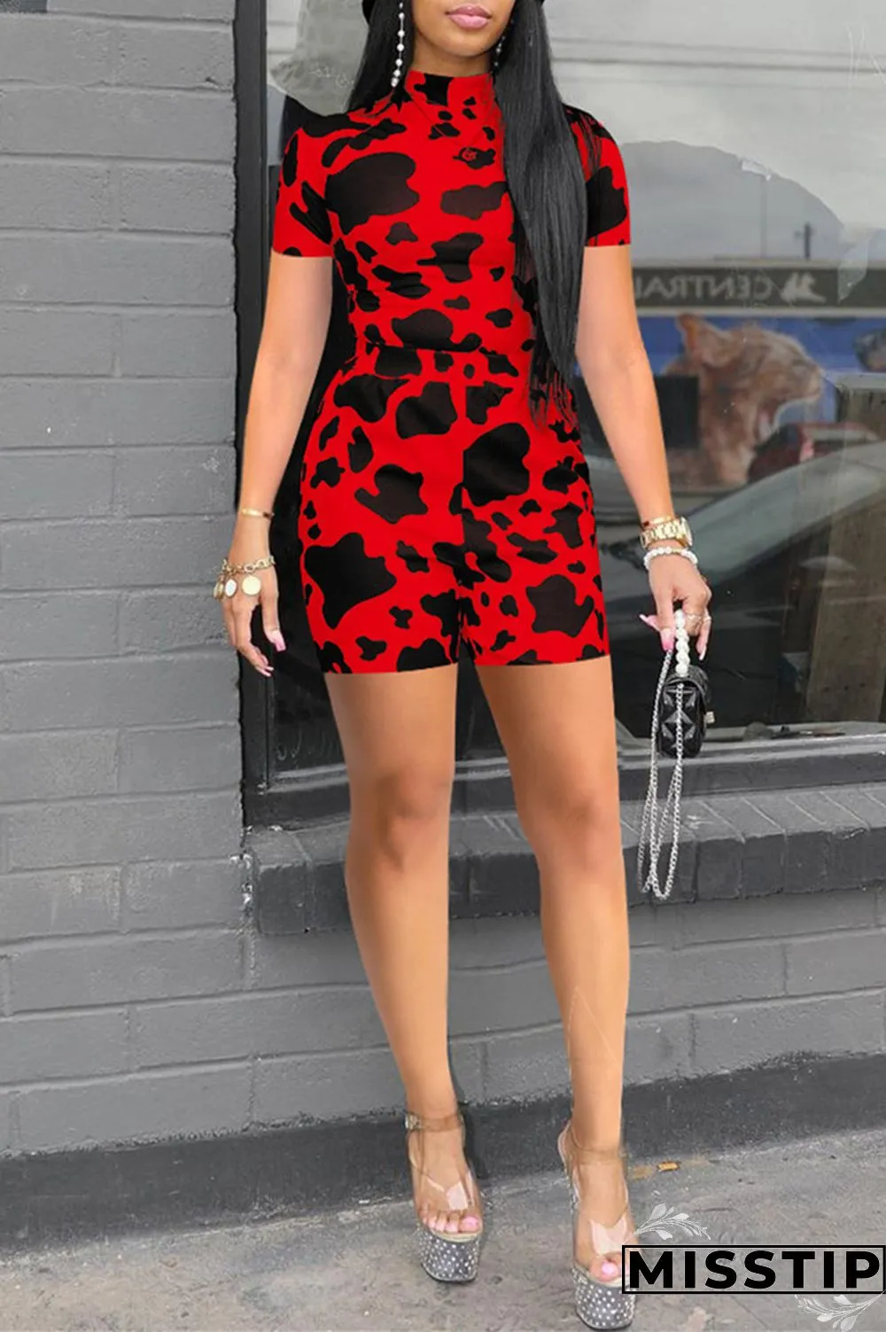White Fashion Casual Print Basic Turtleneck Short Sleeve Two Pieces