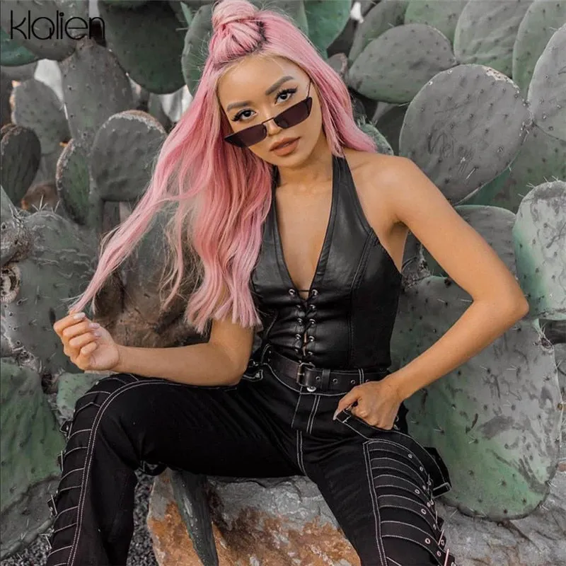 KLALIEN fashion punk black leather hollwo crop tops womens camisole 2020 summer fashion stretch tees Slim Soft leather tank tops