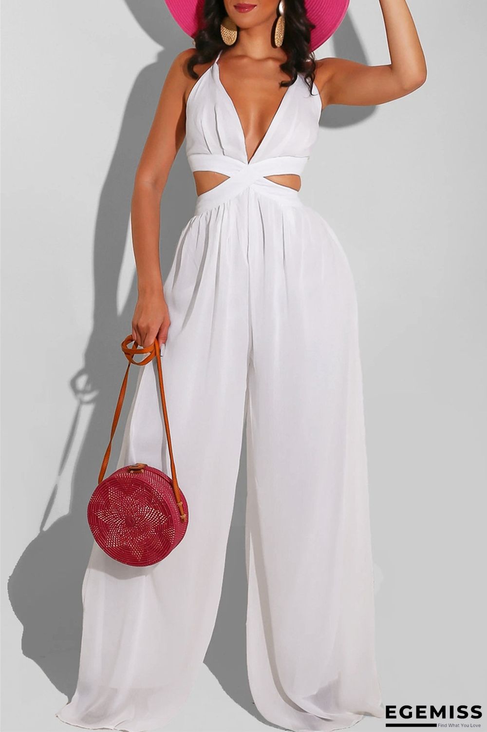 White Sexy Casual Solid Backless V Neck Regular Jumpsuits | EGEMISS