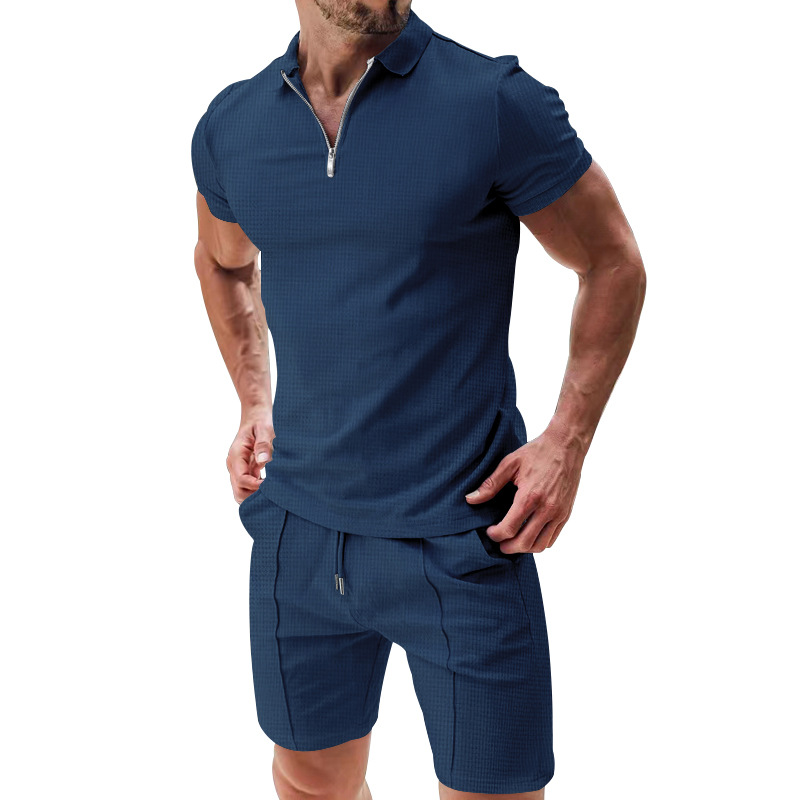 Mature Men Summer Short-sleeved Top And Shorts Casual Waffle Suit