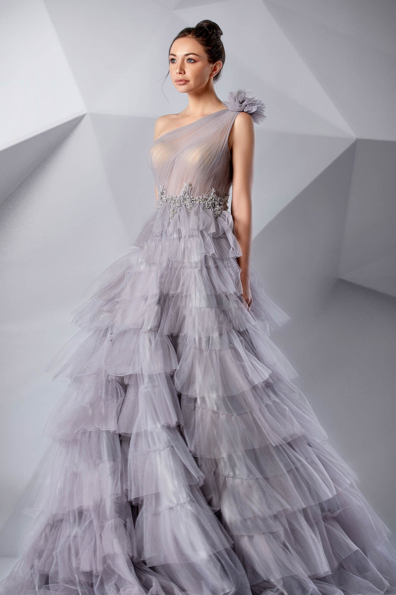 Ovlias Gorgeous One shoulder Flower Layered Sheer Sleeveless Evening Dress LY0714