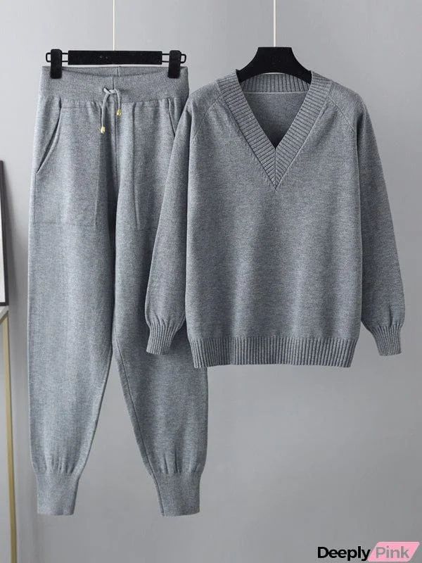 Casual Loose Harem Pants Solid Color V-Neck Sweater Tops Pants Two Pieces Set