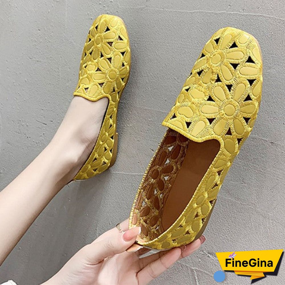 Women's Summer Square Toe Hollow Flower Slip-on Casual Breathable Flat Sandals