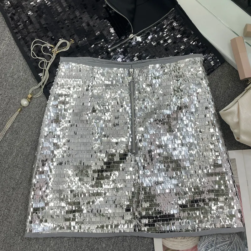 Brownm Real Shooting Heavy Industry Flash Shiny Piece High Waist Thin A Short Skirt Picts Anti-Walking Bag Hip Step Skirt 8108