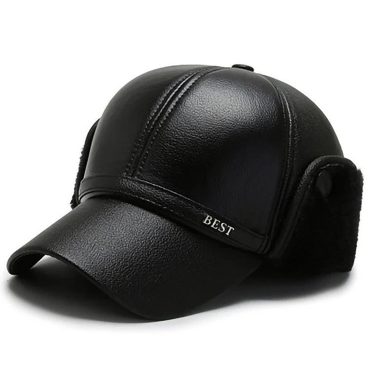 VACIGODEN Men Winter Black Earflaps Hat Hombre PU Leather Baseball Cap Autumn Keep Warm Ear Protection Keep Warm Sanpback Gorras