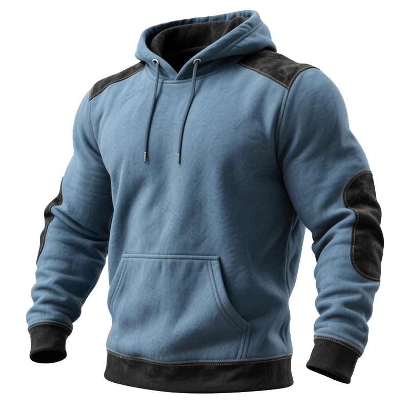 Suede Splicing With Plush Insulation Winter-Ready Hooded Sweatshirt With Reinforced Elbows And Contrast Trim