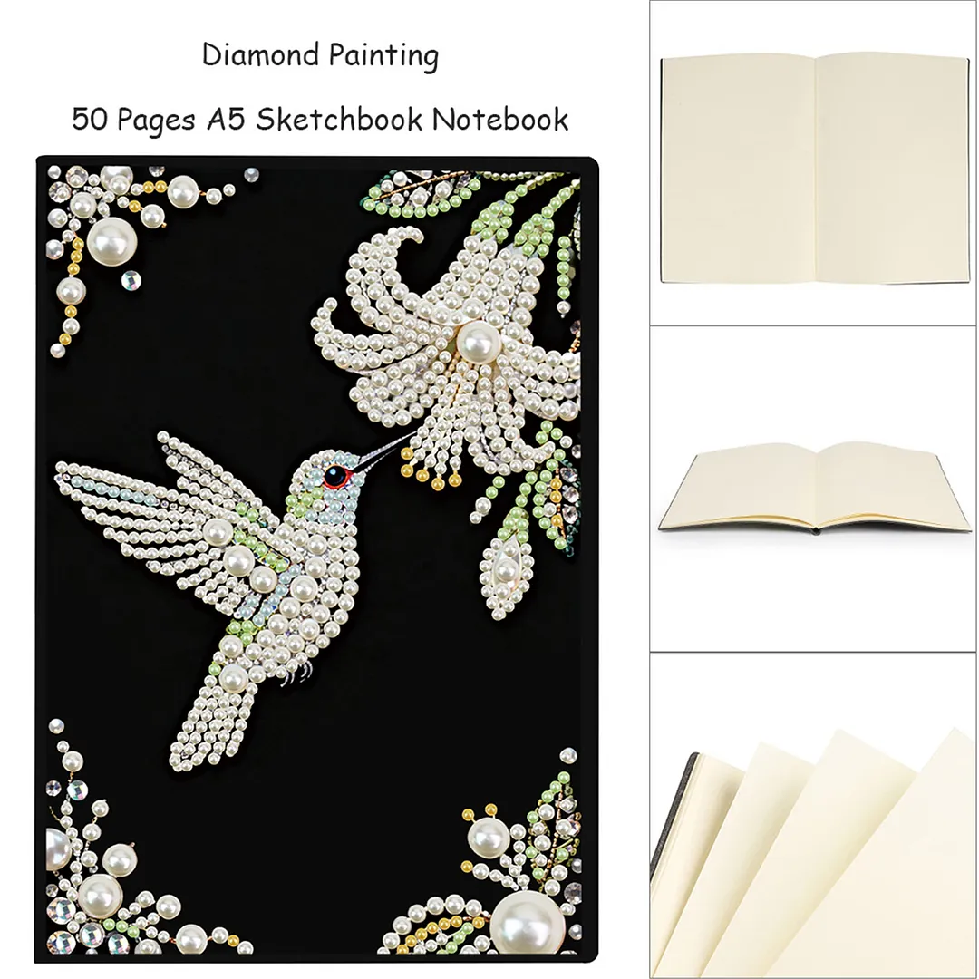 Flowers and Hummingbirds Partial Pearl DIY 50 Pages A5 Diamond Painting Notebook Special Shaped Diamond Art Diary Book Kits Wireless Strip 5D Crystal Art Paintings Sketchbook for Art Drawing