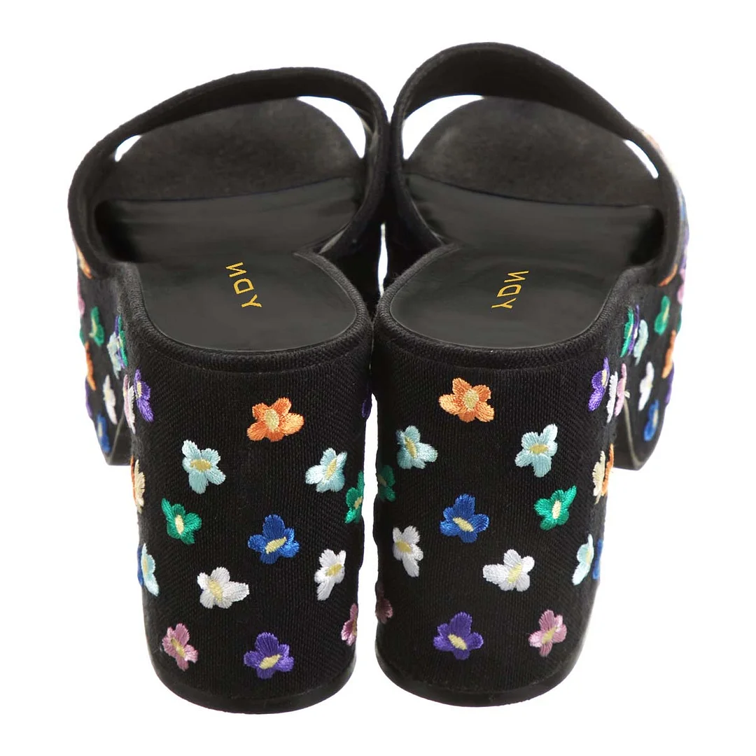 Black Open-Toe Multicolor Flower Embroidery Slides with Platform