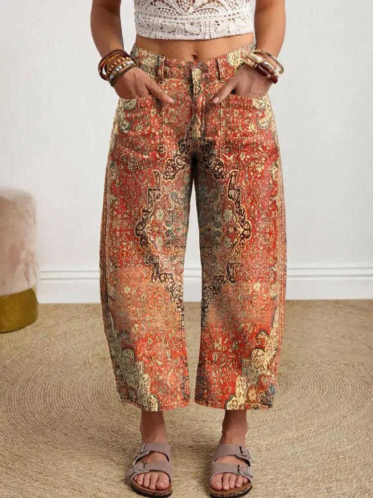 Women's Retro Ethnic Totem Art Print Casual Pocket Cotton Pants