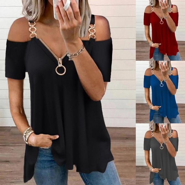 Women Fashion Chain Cold Shoulder Plain Black Short Sleeve Blouse Sexy Solid Color V-neck Tops T-shirt - BlackFridayBuys