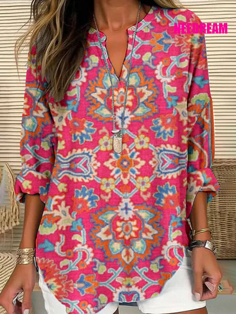 Womens Retro Art PatternCotton Long Sleeve Crew Neck Shirt