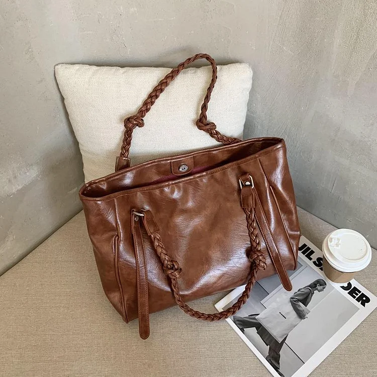 Women&#39;s Vintage Wax Leather Tote Bag Large Capacity Shoulder Bag-Mayoulove