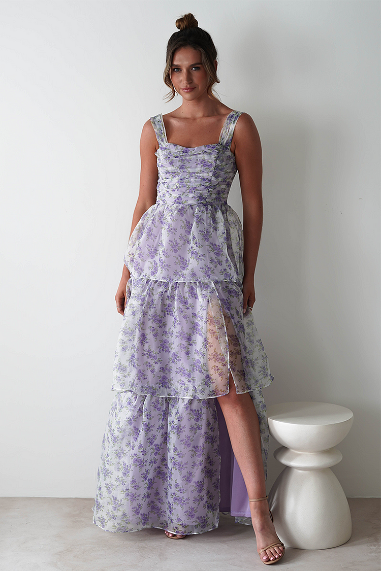Ditsy Floral Print Cinch Waist High Slit Maxi Dresses-Purple [Pre Order]