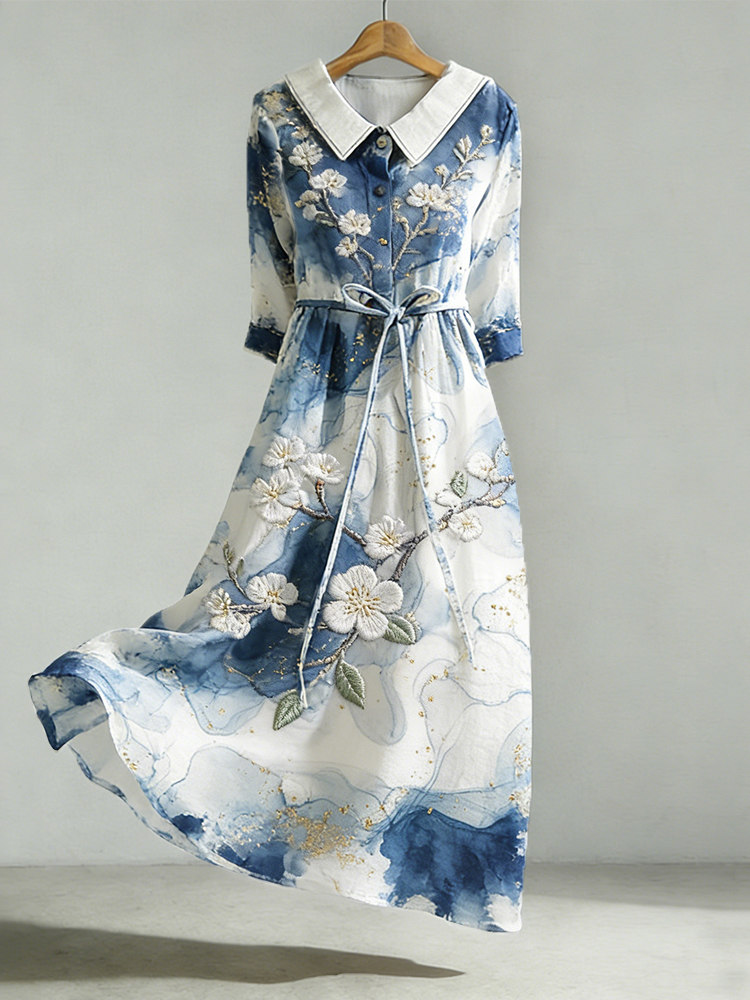 Cherry Blossom Art Abstract Marble Texture Flowy Linen Maxi Dress wearshes