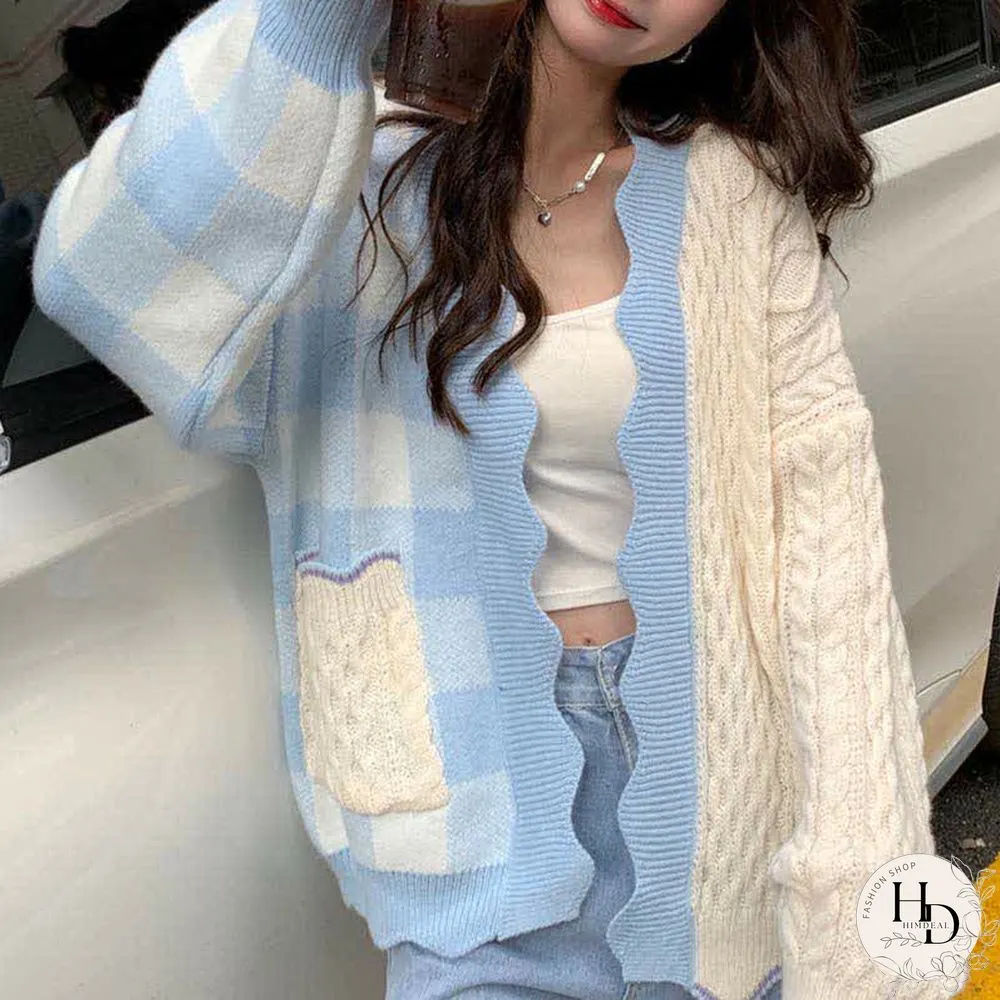 Lattice Print Colorblock Pocket Loose Cardigan Sweater