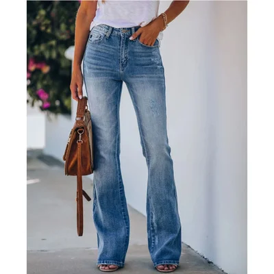 Women's Chic  Bootcut Jeans Washed Frayed Flared Blue Jeans Trousers Skinny Denim Bootcut Pants