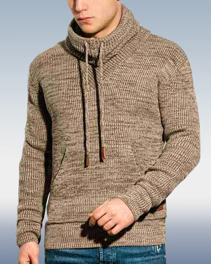 Men's Brown Pile Collar Long Sleeve Pullover Sweater
