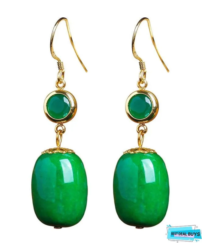 Unique Sterling Silver Overgild Dry Green Jade Drop Earrings