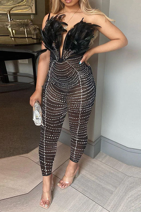 Feather & Rhinestone Luxe See-Through Jumpsuit