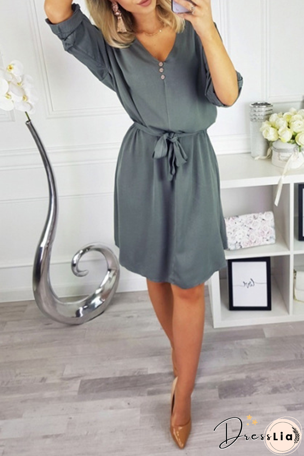 Fashion Casual Solid Buttons Strap Design V Neck Dresses