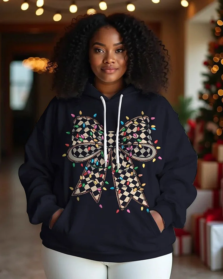 Women's Plus SizeCute Christmas Bow Print Long Sleeve Hoodie