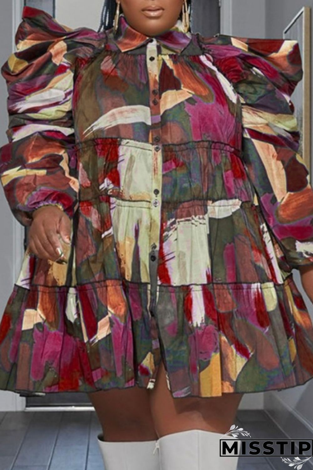 Orange Green Casual Print Patchwork Shirt Collar Shirt Dress Plus Size Dresses