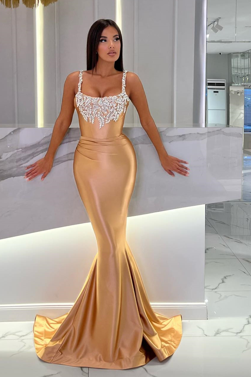 Stunning Gold Straps Prom Dresses Sleeveless Mermaid Long With Crystal - lulusllly