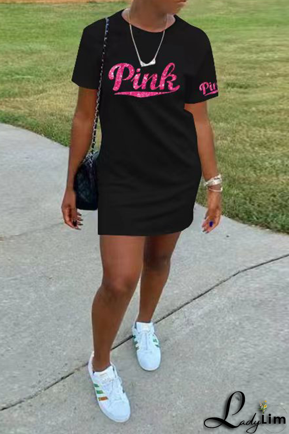 Pink Fashion Patchwork Sequins O Neck Pencil Skirt Dresses