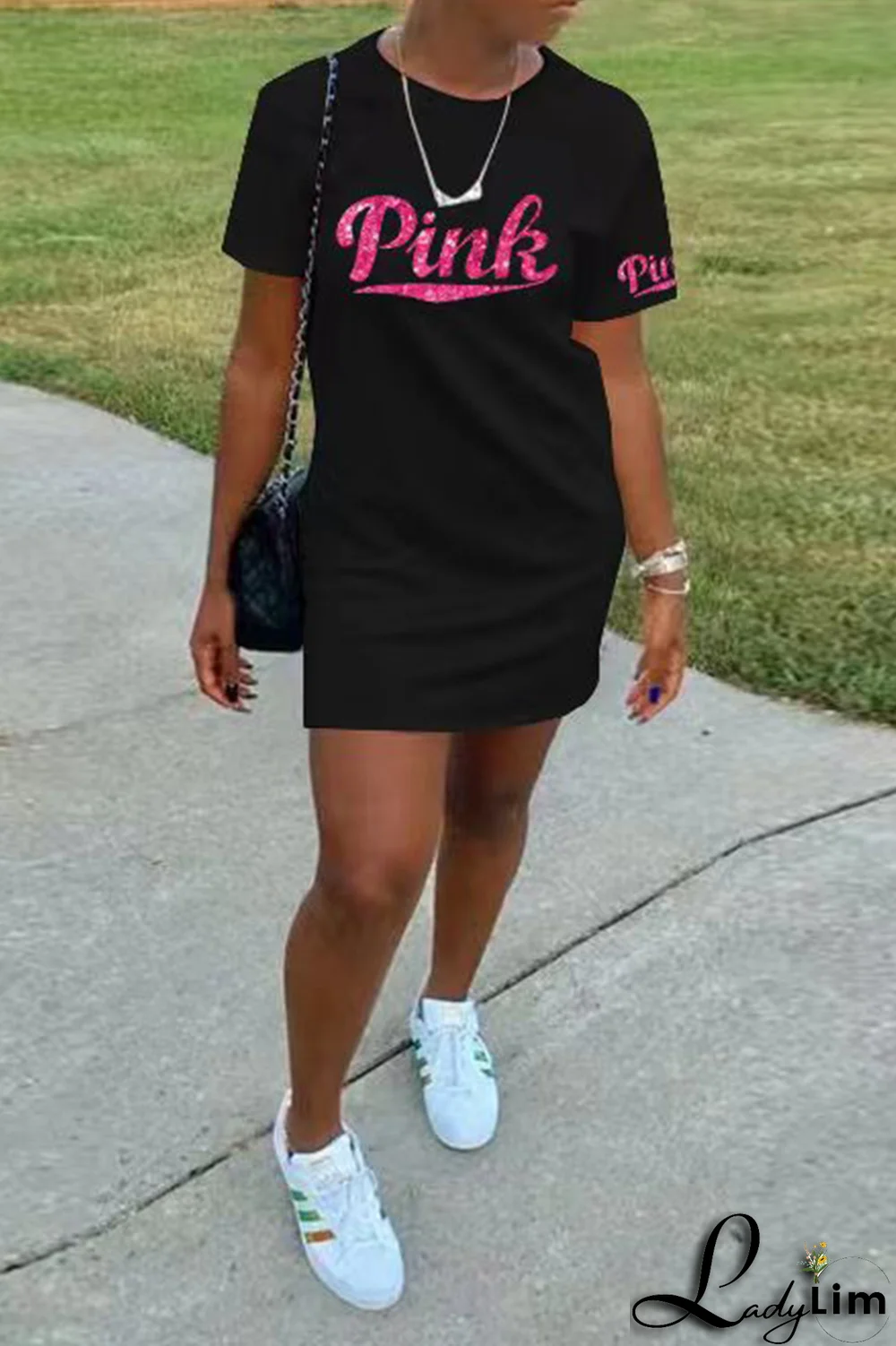 Pink Fashion Patchwork Sequins O Neck Pencil Skirt Dresses