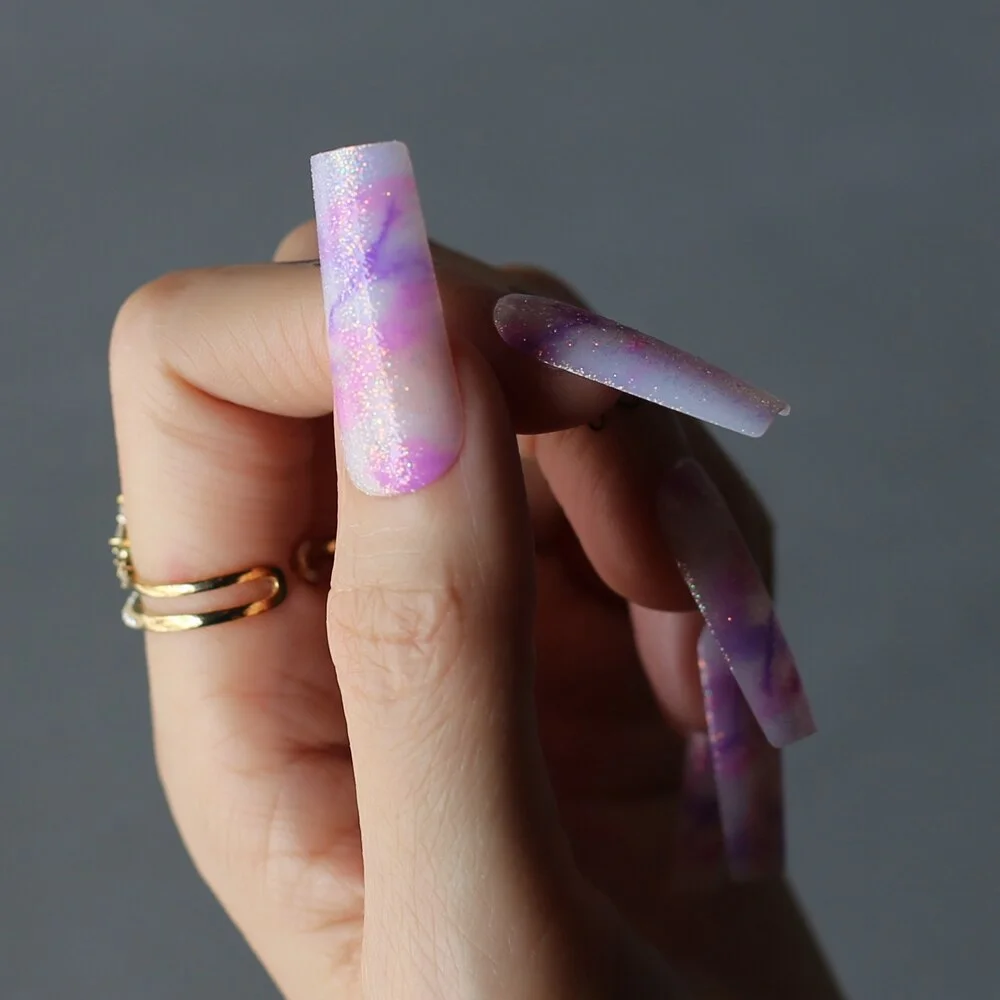 Pink Glitter Extra long rectangular false nails Violet ombre High quality gel reusable Fake nails Home salon nails Lengthen-Nail Inspo