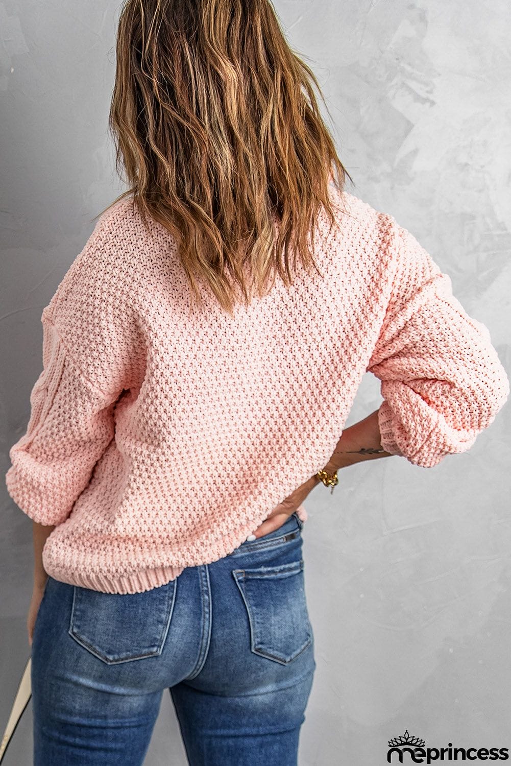 Pink Turtleneck Cable Knit Sweater
