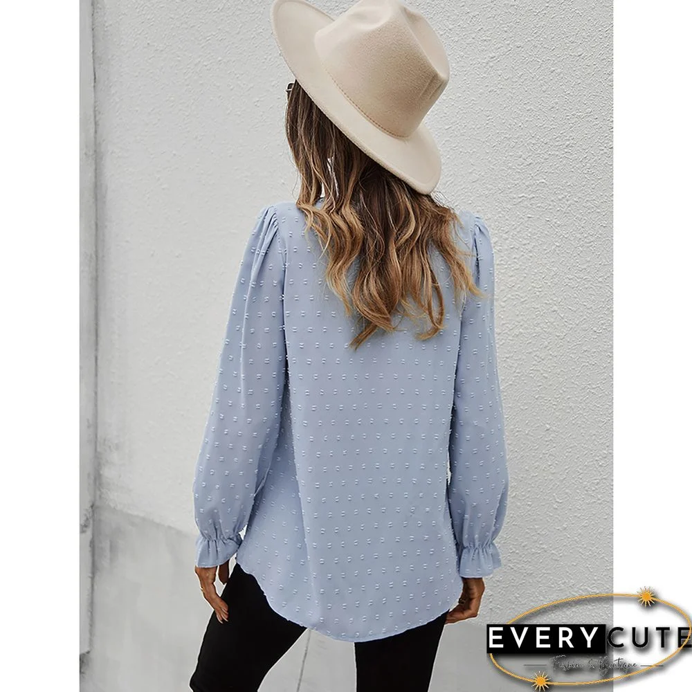 Light Blue Ruffle Detail Button V Neck Shirt